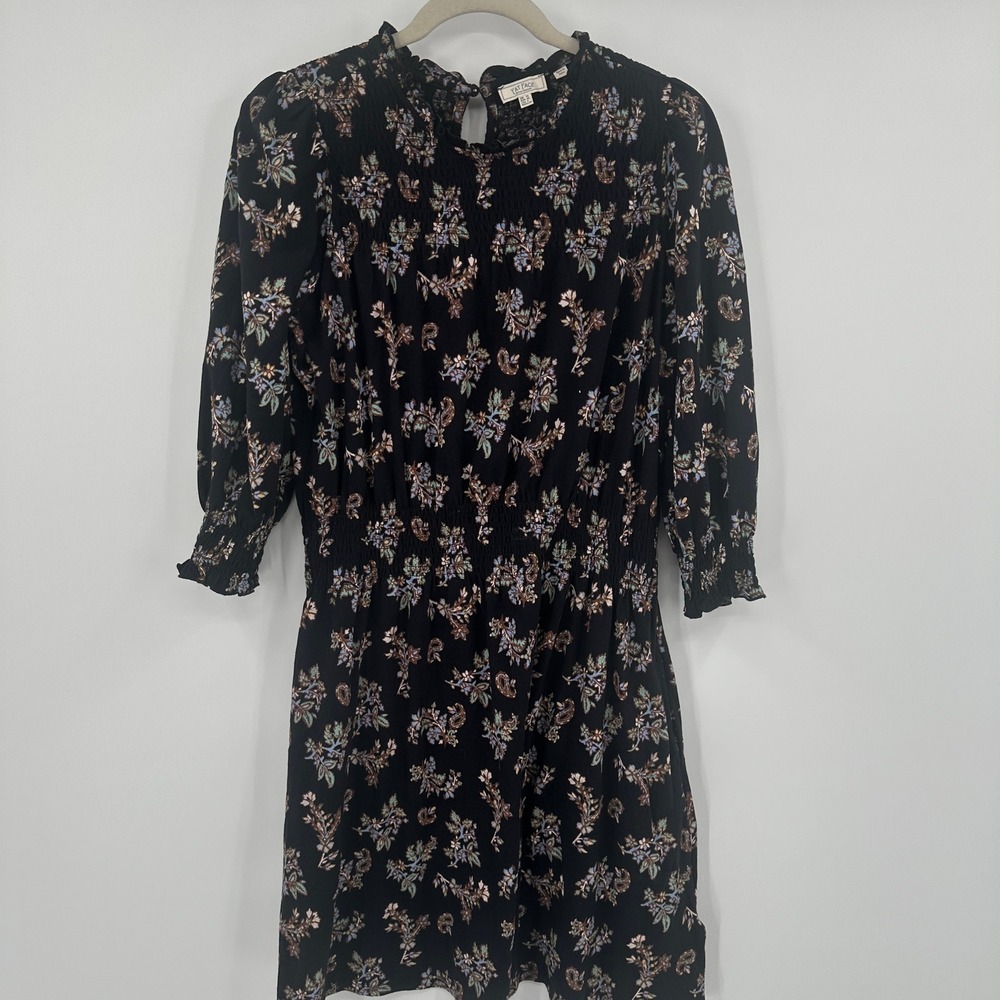 Fat Face Black Floral Smocked Shirred Neck‎ 3/4 Sleeve Mini Dress Size 8